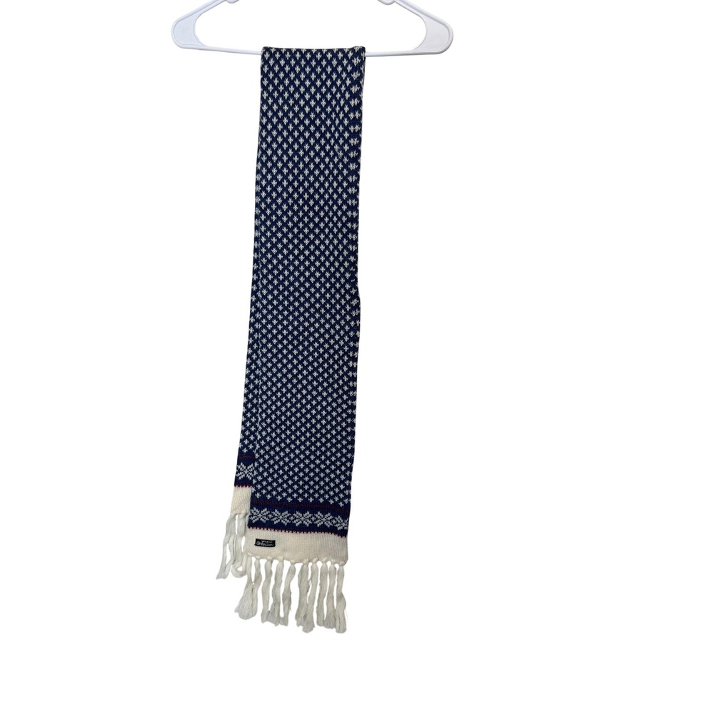 Wool Knit Scarf Womens Blue White Fair Isle Tassel Fringe Winter Warm